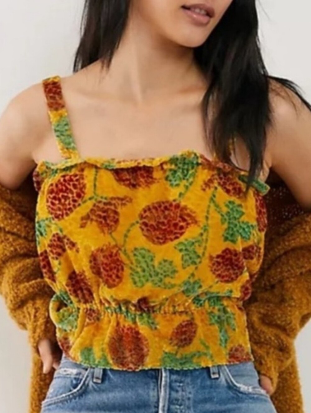 ANTHROPOLOGIE Cherry Print Felipa Crop Cami Top Peplum Floral Velvet Size Medium